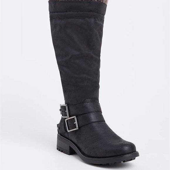 Torrid-Boots 7 Wide Knee High Black Sweater Trim Faux Leather Zip Strappy Buckle - Picture 5 of 5